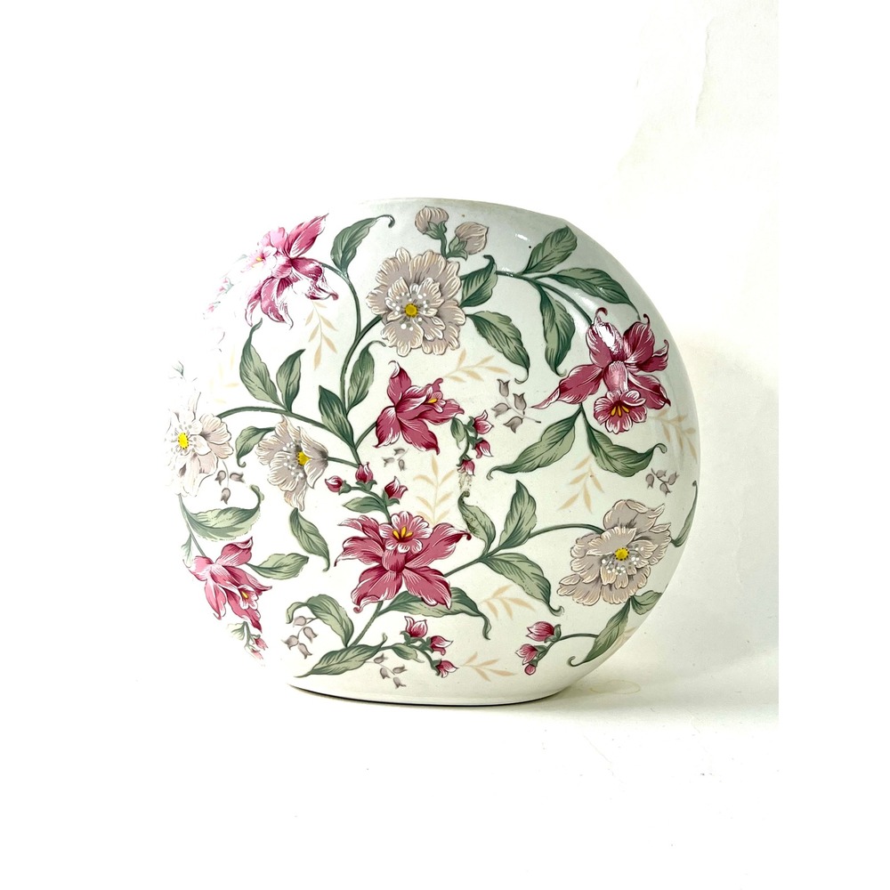 Otagiri Prima Round Pillow Vase Floral Ceramic Pink White Japan Vintage Decor